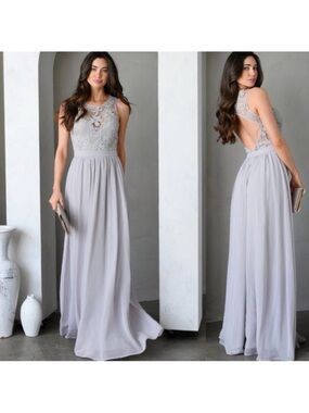 Maniju Lulus Savannah Nights Sleeveless Open Back Gown Maxi Dress Grey Gray New